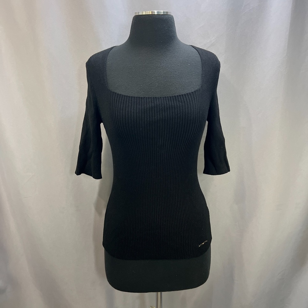 Elie Tahari Blouse Top Womens Large Black Ribbed Knit Short Sleeve Square Neck